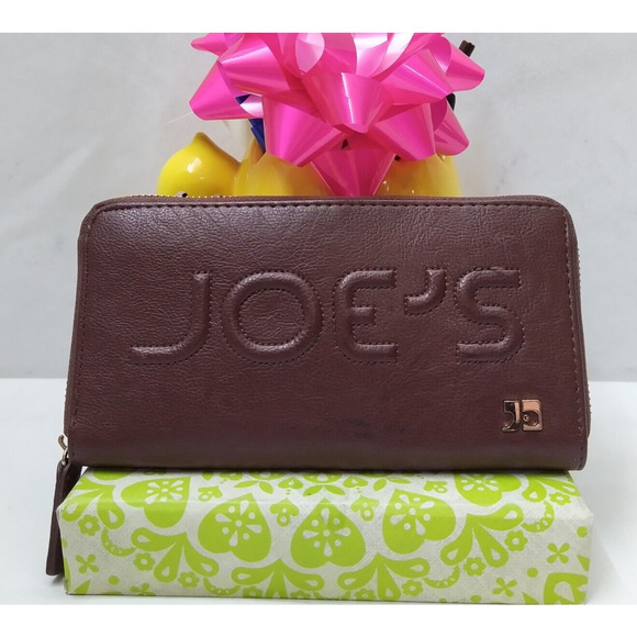 JOE'S Dark Brown Leather Embossed Logo Zip Around Credit Cards Long Wallet - Picture 1 of 14